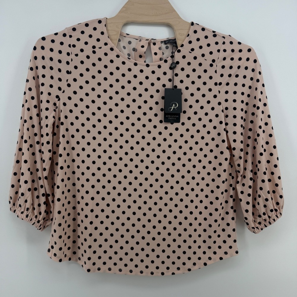 Adrianna Papell Pink Polka Dot 3/4 Sleeve Yoke Detail Blouse Large NWT